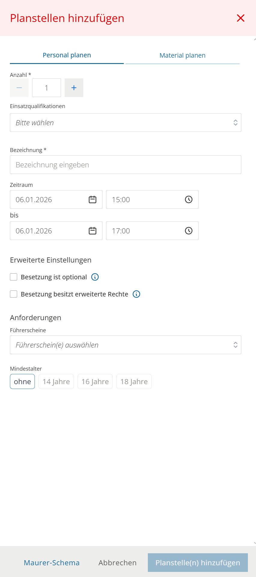 Planstelle hinzufügen