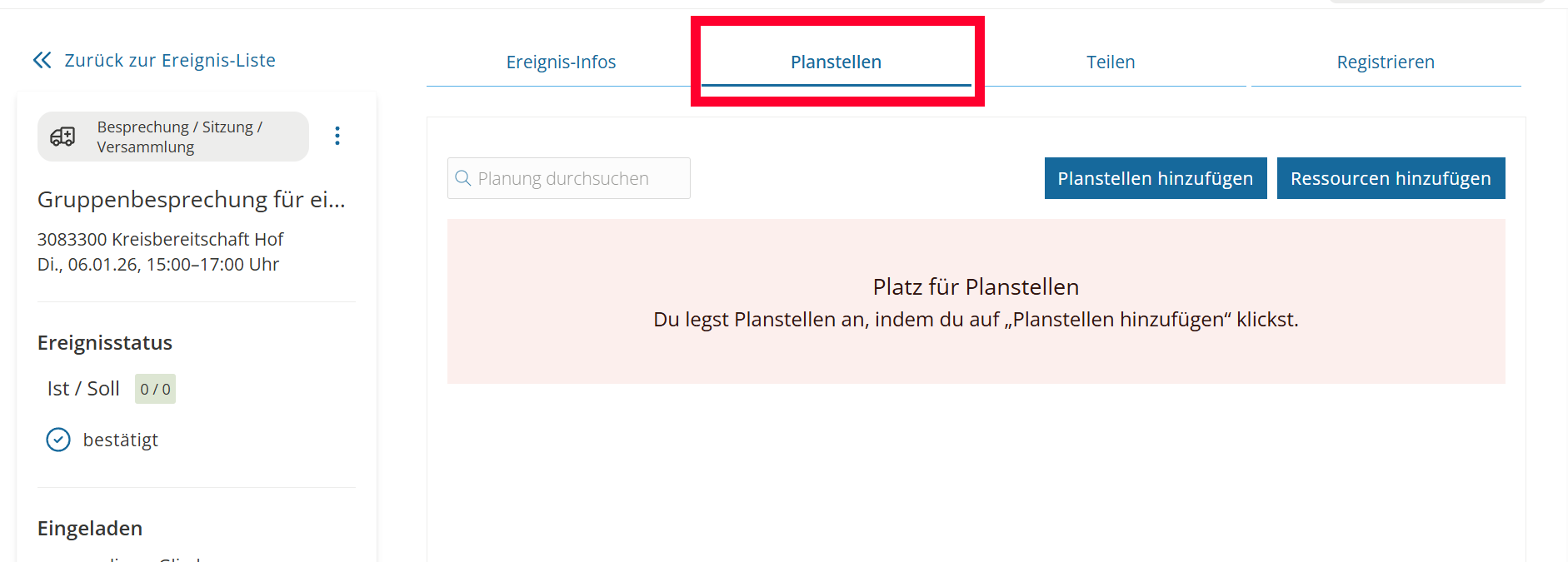 Übersicht Termin - Planstellen